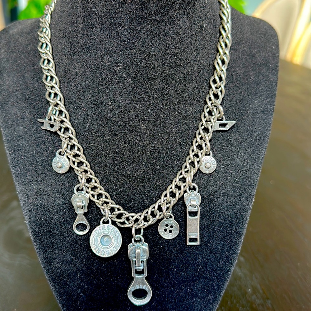 Diesel vintage sterling silver denim fastener charm necklace.